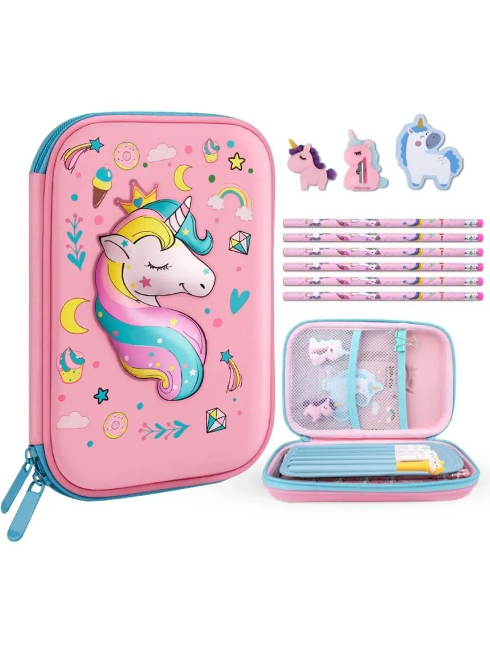 Cute Unicorn Pencil Case for Girls, Large Capacity 3D EVA School Supplies, Pink